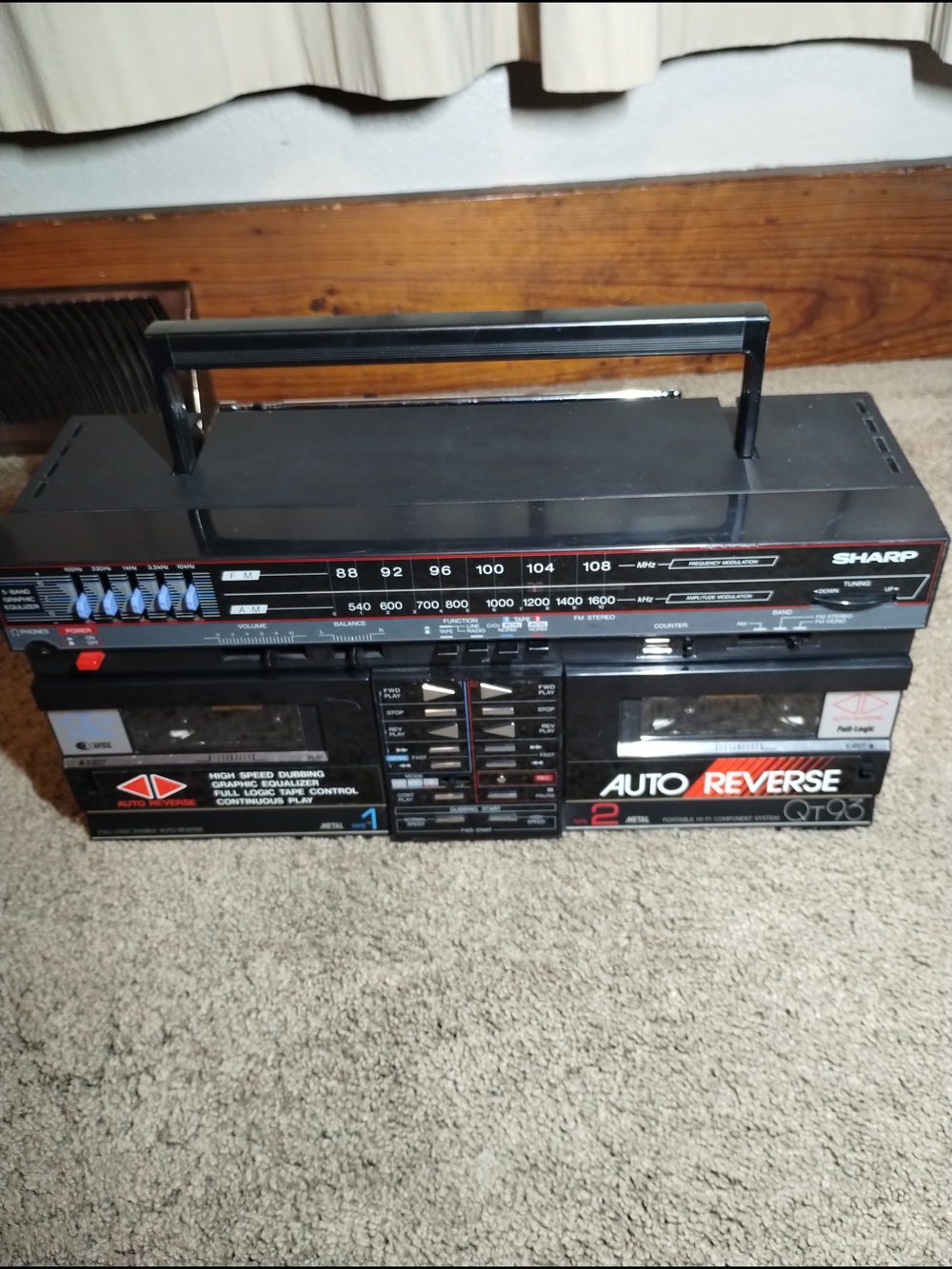 Vintage QT93 Black Portable Boombox w Dual Cassette Auto Reverse Speaker Ready
